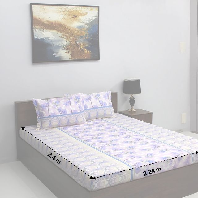Bombay Dyeing Ivyrose 110 TC 100% Cotton Queen Bedsheet - Purple White | With 2 Pillow Covers