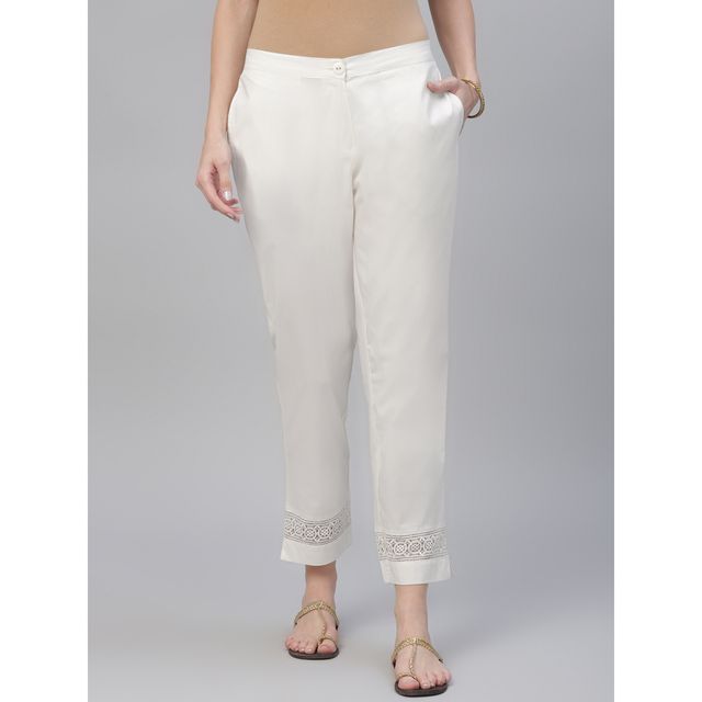 Libas Cotton Solid Women's Trouser With Both Side Pocket | Cream | M