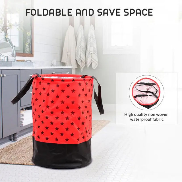 Perpetual Waterproof Laundry Cloth Basket, 2 Pcs, 45L, Foldable with Handle (Red)