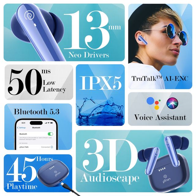 pTron Bassbuds Prism TWS Earbuds With 45Hrs Playtime | Trutalk Ai-Enc Calls | Pristine Sound - Blue