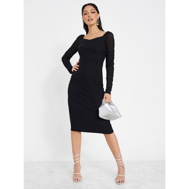 Styli Women's Bodycon Midi Dress with Sweetheart Neck and Solid Design | Black - XXL