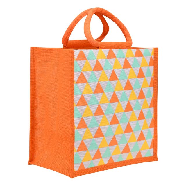 Jute Cottage Carry Bag - Triangle Print Zipper Lunch Bag | Eco-friendly | Orange | 12 x 12 x 7.5