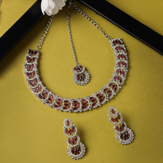 Sukkhi Beguiling Rhodium Plated Maroon Stone Studded Choker Necklace Set