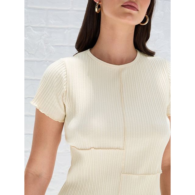 Styli Women's Regular Fit Ribbed T-shirt with Exposed Seam Detail | Beige - S