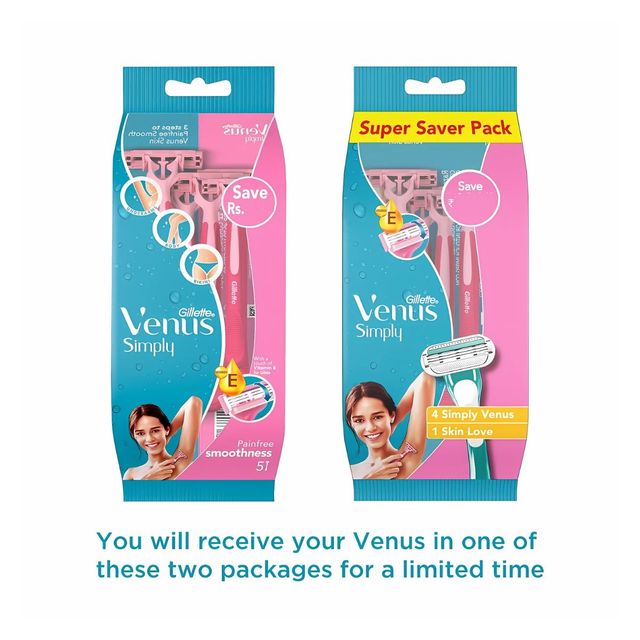 Gillette Venus Simply Hair Removal Razor for Women, 4 simply & 1 skin love (Pack of 5)
