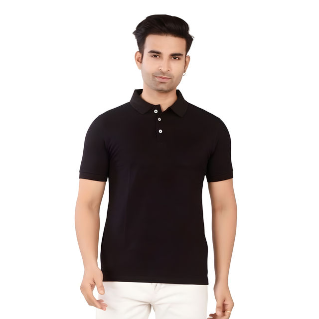 EQL Men's Cotton Solid Lightweight & Breathable Polo T-shirt | Black - L