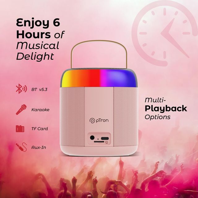 pTron Fusion Bliss 16W Bluetooth Speaker | Wireless Karaoke Mic | RGB Lights | 6Hrs Playtime - Pink