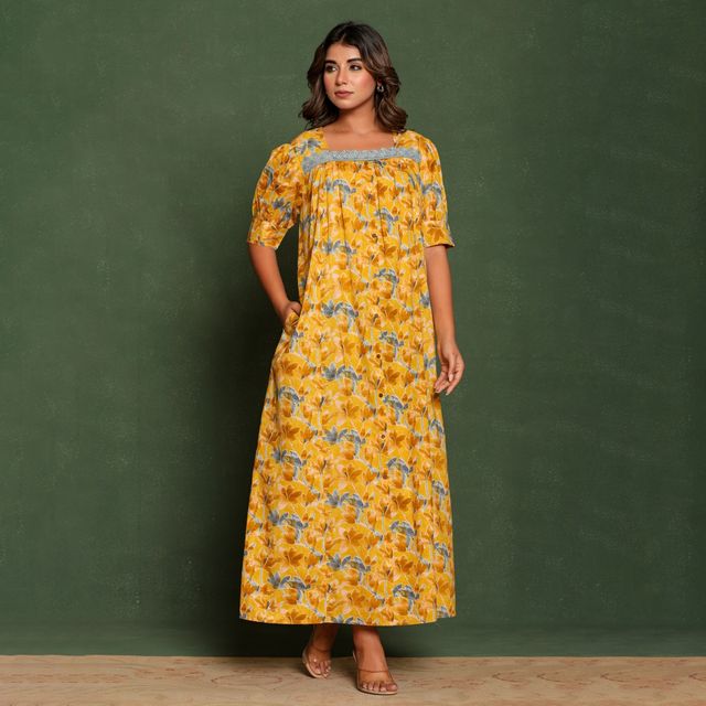 Nihsamah Women's Cotton Lace Nighty | Full Length | Mustard - M