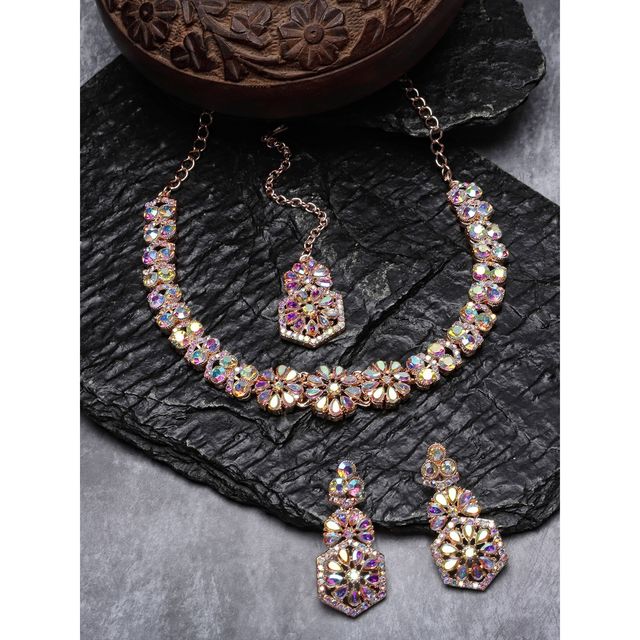 Sukkhi Fusion Rose Gold Plated Collar Bone Necklace Set Earring & Maangtika Set for Women