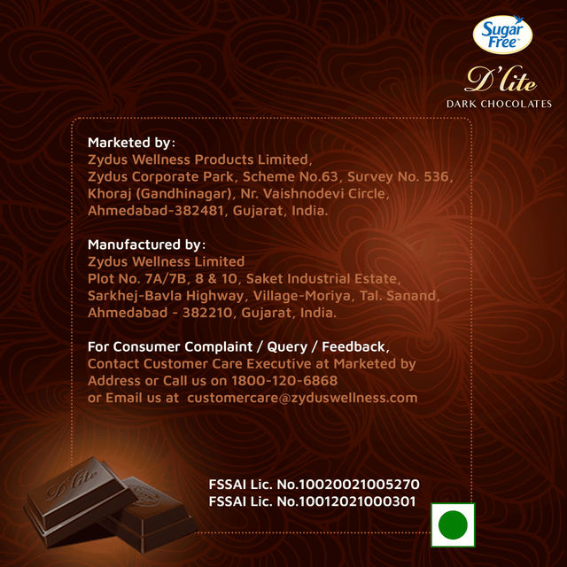 Sugar Free D'lite Rich Cocoa Dark Chocolate Bar 40 g Combo
