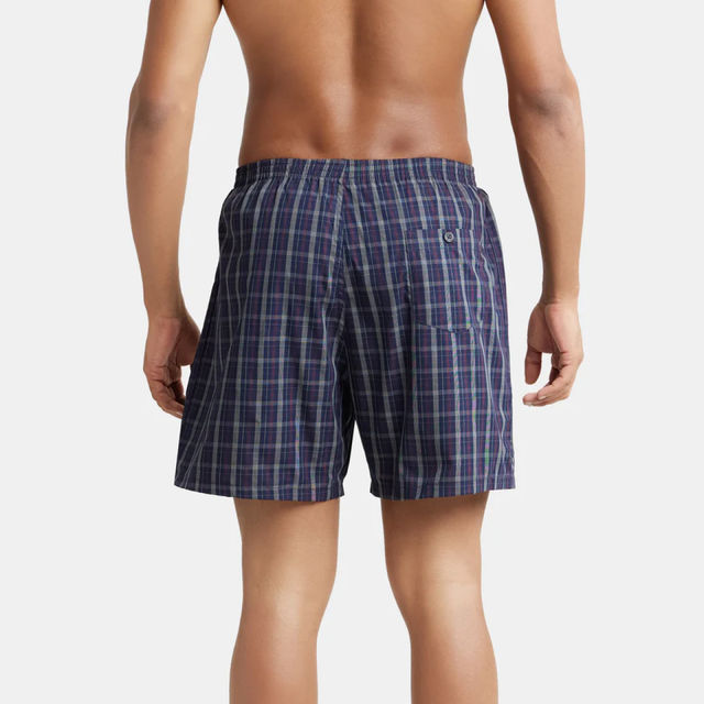 Jockey 1222 Men's Super Combed Mercerized Cotton Woven Checks Boxer|BackPocket | Blue-M