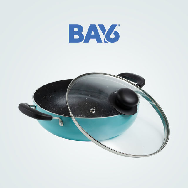 BAY6 Nonstick Induction Bottom Kadai with Glass Lid (3mm) 22 cm - Teal