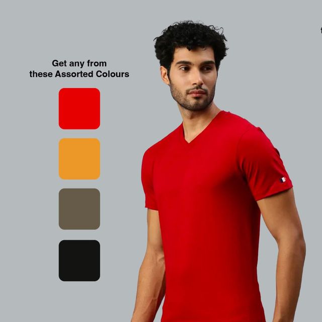 Actimaxx Men's Solid V Neck Pure Cotton T-shirt | Colour May Vary - 2XL