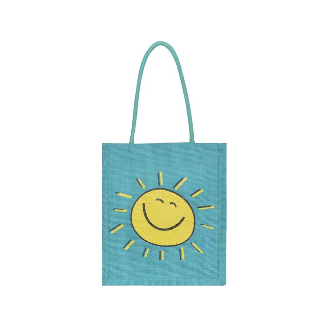 Jute Cottage Carry Bag - Smiley Print Lunch Bag | Eco-friendly | Stylish | Blue | 9 x 8 x 6