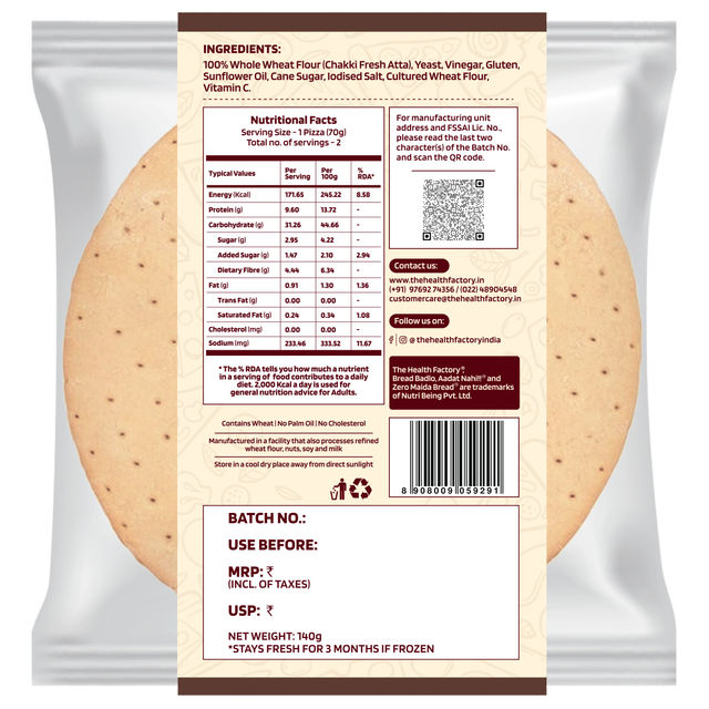 The Health Factory Zero Maida Pizza Base | Clean Label - Not Brown
