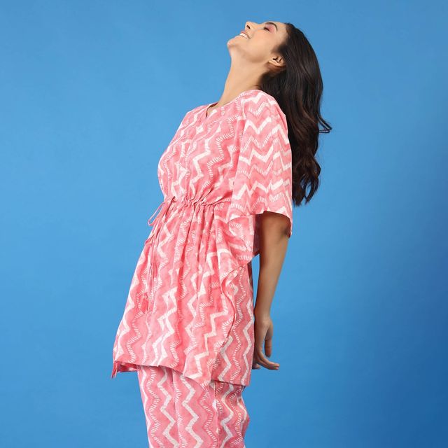 Jisora Women's Printed Cotton Co-ord Set | Pink - S