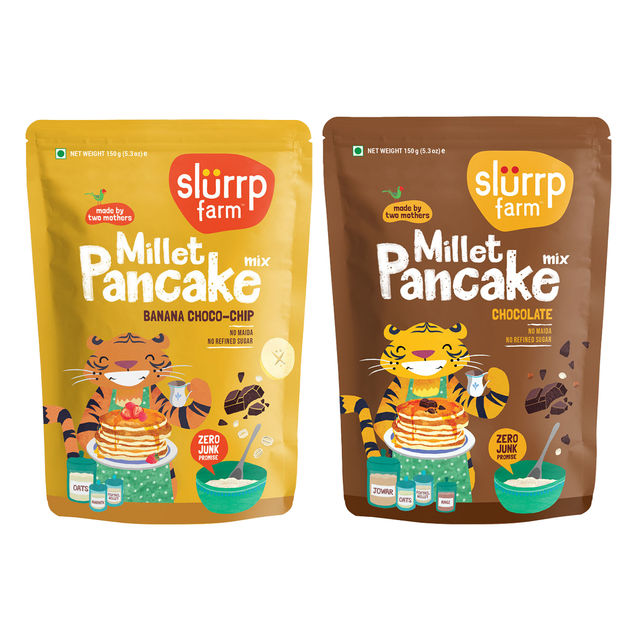 Slurrp Farm Millet Eggless Pancake Mix With Banana Choco Chip No Maida, Healthy Breakfast For Kids & Adults, 150 Gm(150gms) & Slurrp Farm Millet Eggless Pancake Mix With Chocolate No Maida, Healthy Breakfast For Kids & Adults, 150 Gm(150gms) Combo