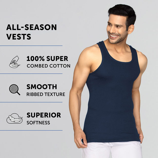 XYXX Nova Solid Super Combed Cotton Round Neck Vest | Pack of 2 | Black Iris + Olive- L