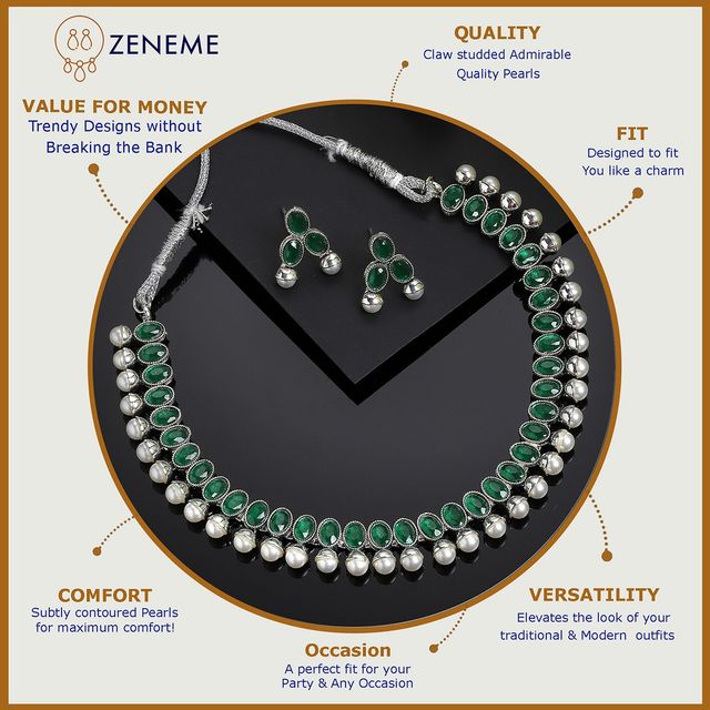 Zeneme Oxidised Silver Traditional Green CZ Necklace With Earrings Jewellery For Women & Girls