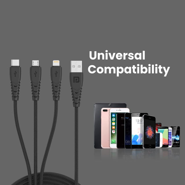 Portronics Konnect A Trio 3-In-1 USB Cable - Black | Braided and High-Speed | Fast Charging
