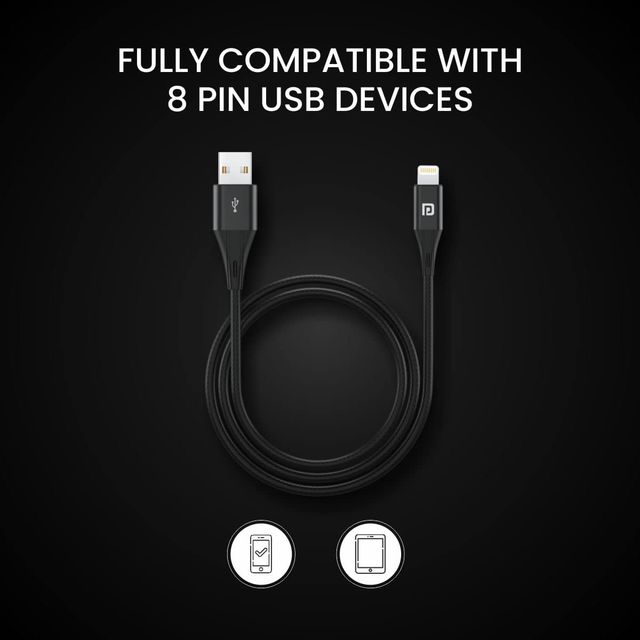Portronics Konnect B+ POR 1392 8 Pin USB Cable - Black | Nylon Braided