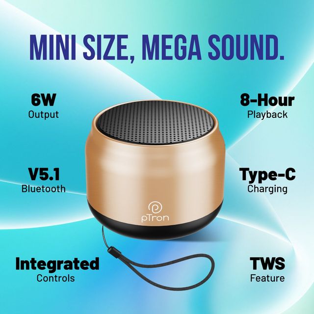 pTron Funk Mini 6W Bluetooth Speaker With 8hrs Playtime| Pristine Sound - Gold