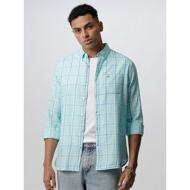 The Bear House Men Slim Fit Checked Button-Down Casual Shirt - Joan | Blue | L