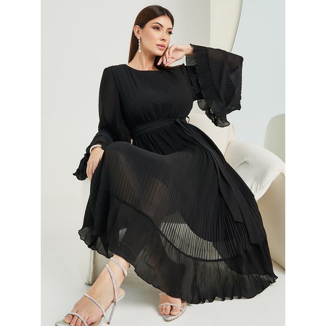 Styli Women's A-Line Midi Dress with Plisse Fabric and Flute Sleeves | Black - M