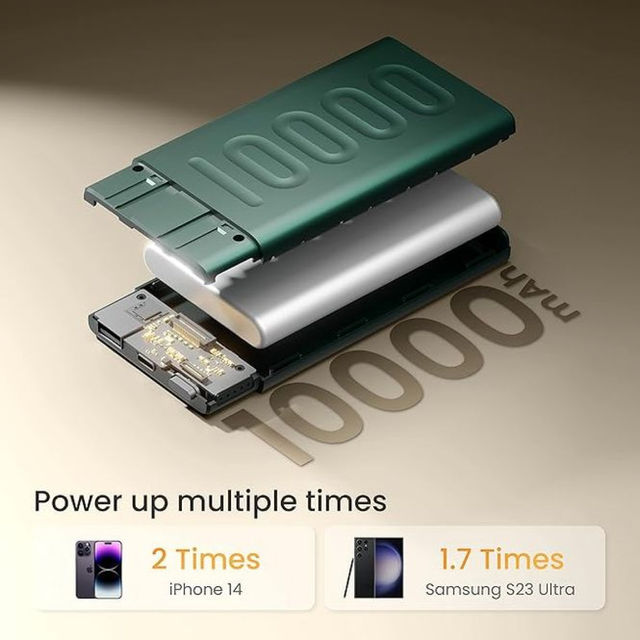 Ambrane 10000Mah Slim & Compact Powerbank, 22.5W Fast Charging, Usb & Type C Output(Stylo 10,Green)