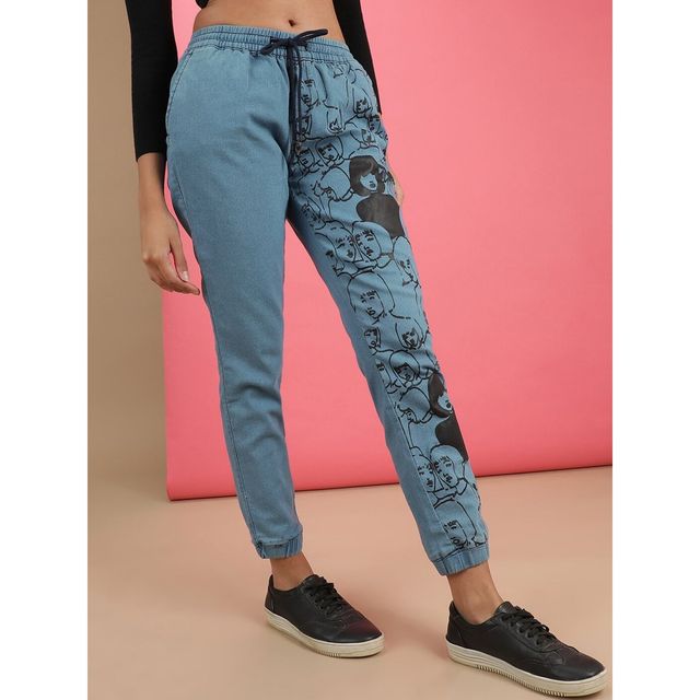 Freehand Women Casual Regular Light Blue Printed Denim Jogger 28 | 1221-Dnmjog-142