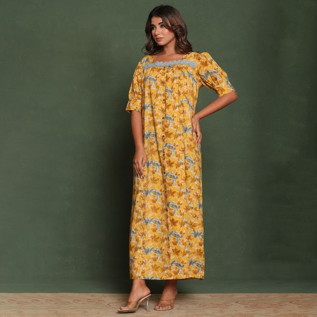 Nihsamah Women's Cotton Lace Nighty | Full Length | Mustard - M