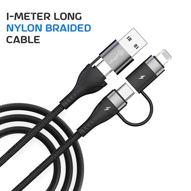 pTron Solero 4 in 1 USB Cable | 65W Type C to Type C | 60W USB to Type C | 30W Type C to iOS | 1m - Black