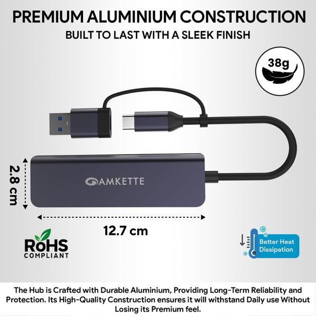 Amkette 366GR 5 In 1 Hybrid USB 3.0 Hub With Card Reader Type C+A - Grey
