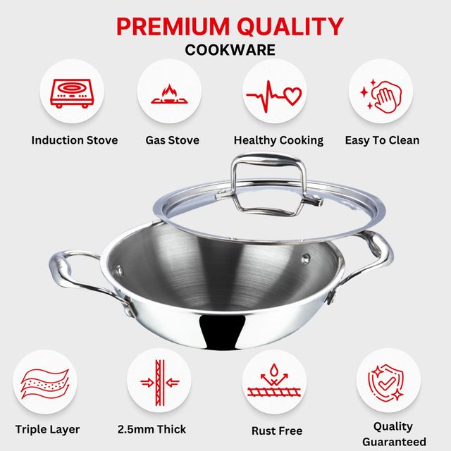 Vinod Platinum Triply Stainless Steel Kadai With Lid- 24 Cm, 2.5 L (Induction Friendly)