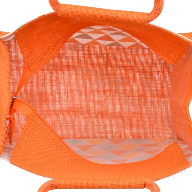Jute Cottage Carry Bag - Triangle Print Zipper Lunch Bag | Eco-friendly | Orange | 12 x 12 x 7.5