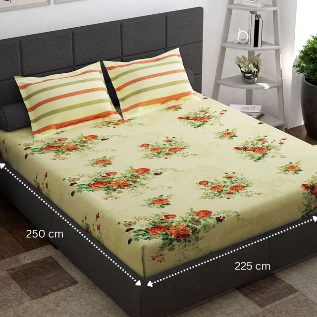 Story@home 144 TC Cotton Double Printed Flat Bedsheet (Cream, Orange)