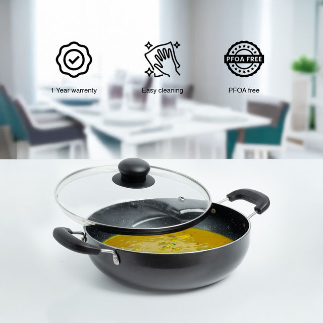 BAY6 Nonstick Kadai with Glass Lid | 26 cm - Grey