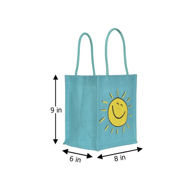 Jute Cottage Carry Bag - Smiley Print Lunch Bag | Eco-friendly | Stylish | Blue | 9 x 8 x 6