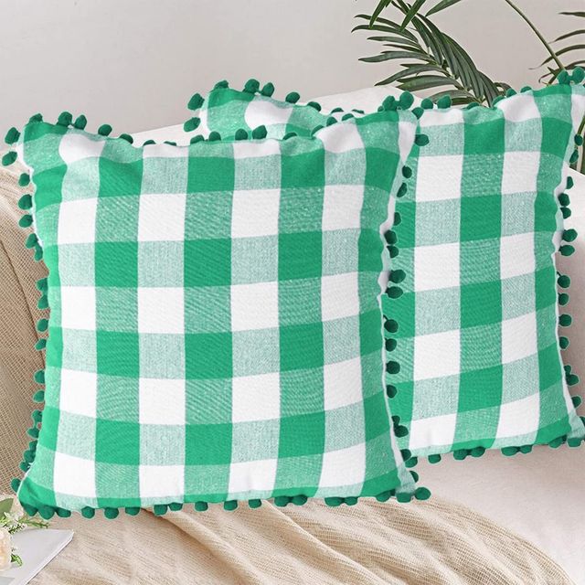 Lushomes Cotton Cushion Covers - Green/White Checks | 16 x 16 inch | Pom Pom