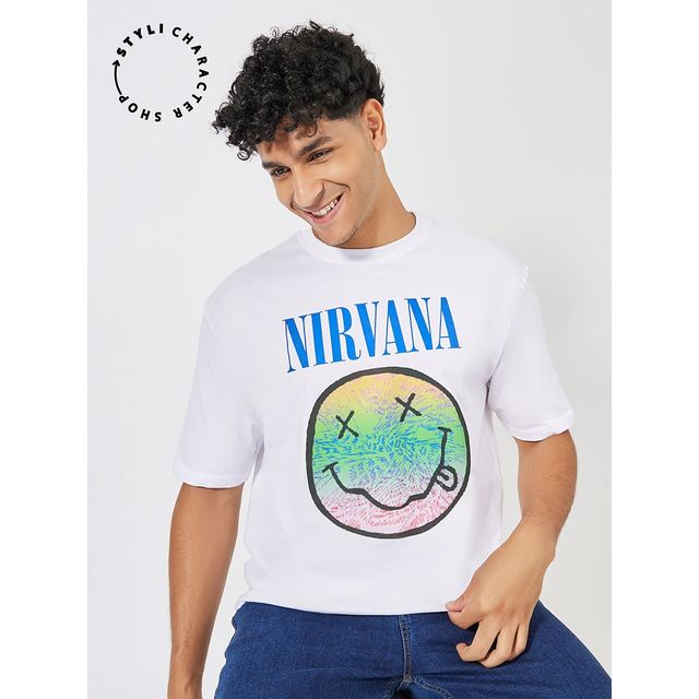 Styli Men's Oversized Tee with Nirvana Graphic Sticker Print - Buy