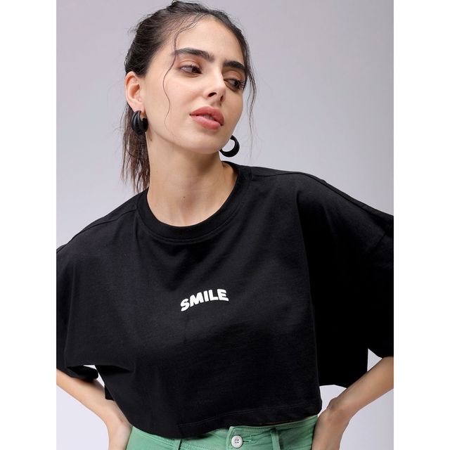 Freehand Women's Boxy Solid Casual Cropped T-shirt | 0424-Zfhcntee6-01 | Black - L