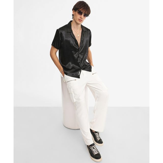Campus Sutra Men's Solid Satin Shirt | Midnight Black - S