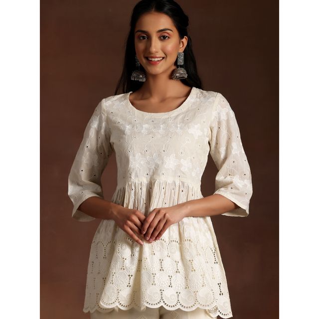 Libas Off White Pure Cotton Embroidered a | Line Kurti | Off White | M