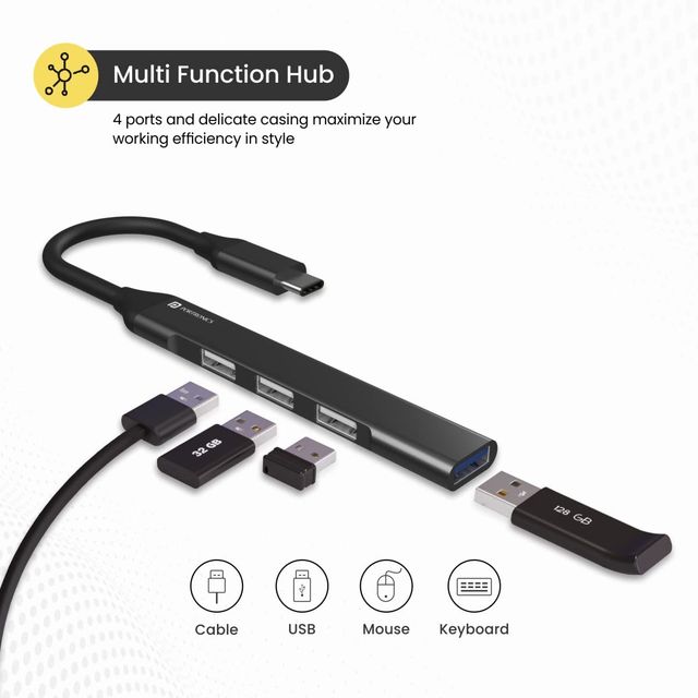 Portronics Mport 31C USB C Hub (4-in-1) Type C Multiport Adapter 1 x USB 3.0 & 3 x USB 2.0 Grey
