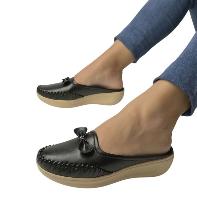Shoetopia Upper Bow Detailed Black Slip-On Loafers For Women | UK 9
