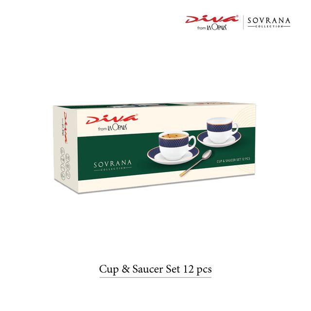 La Opala Diva Sovrana Cup & Saucer 160 ml Set of 12 Regent Blue Opal Glass Cups for Tea, White