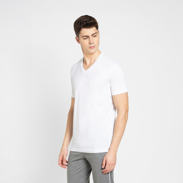 Jockey Men Cotton Rich V Neck Half Sleeve T-shirt | White - XL