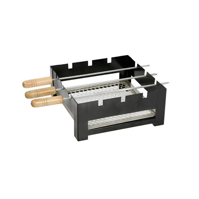 Divine Vibes Portable Compact BBQ Grill Tandoor | Cast Iron | 3 Skewers and 1 Charcoal Tray | Black