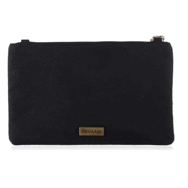 Priyaasi Women's Embellished Fabric 500 ml Zipper Pouch | Black and Metallic - Free Size