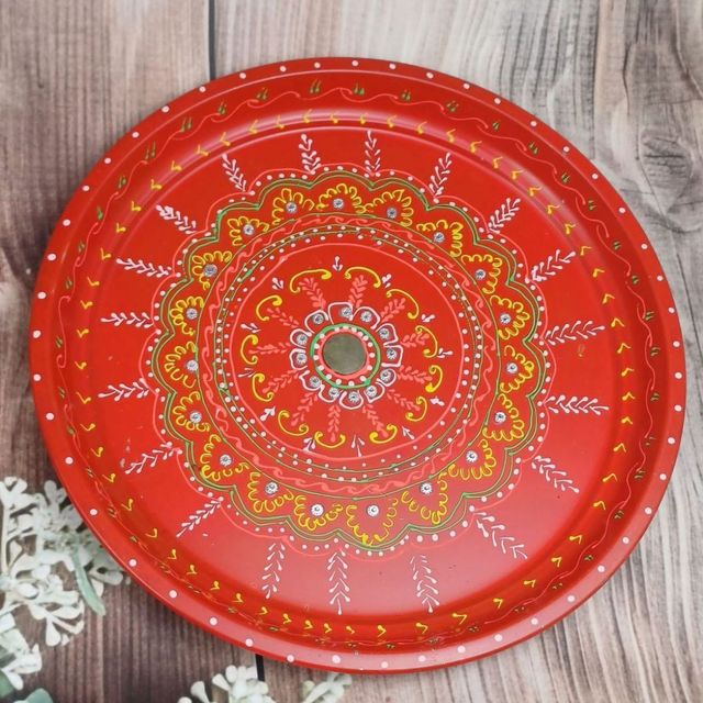 Gullak Pooja Thali Kalash Set Stainless Steel Handpainted With 10 inch Thali Lota And 2 Katori